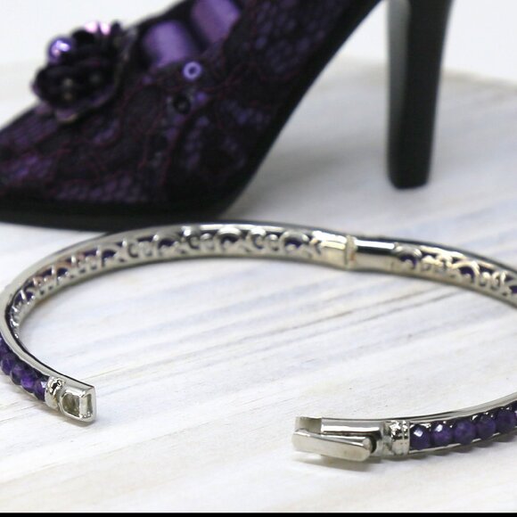 African Amethyst ✦ Platinum Bangle Bracelet ✦ 15ctw Faceted Gemstones 8” NWT main image 8